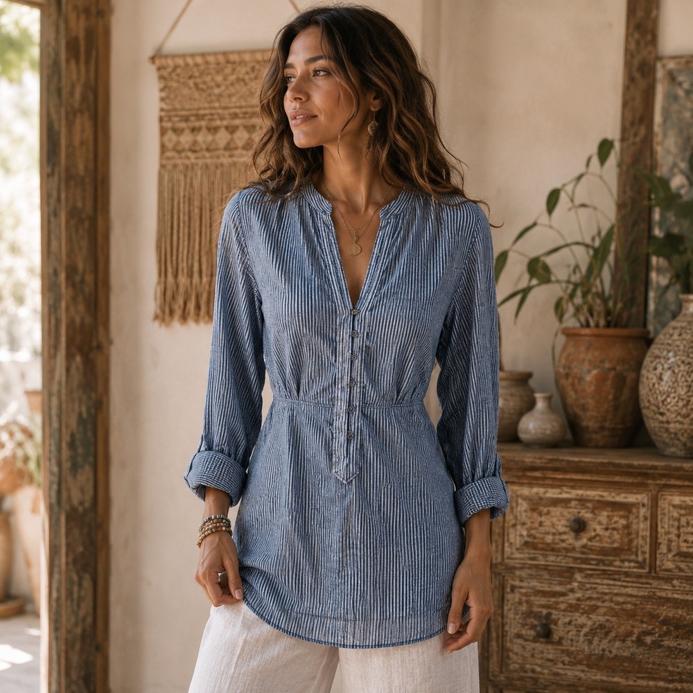 Coldwater Creek Mixed Stripe Tunic Shirt Women PM 10 12 Blue Cotton Tie Waist